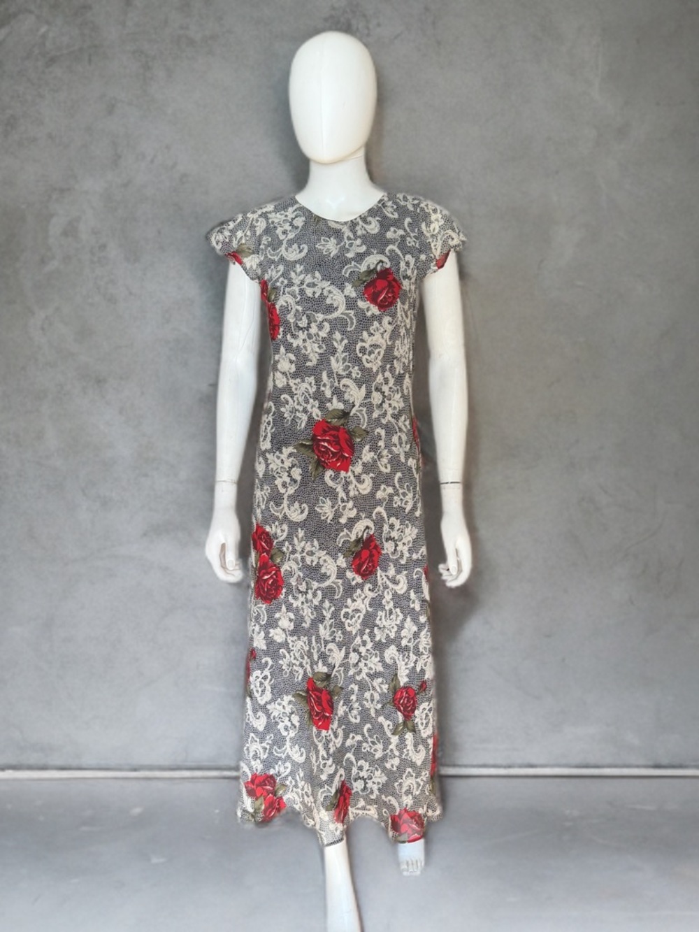 Vintage Mary McFadden Lace and Rose Print Long Dress